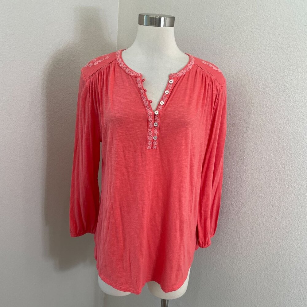 Lucky Brand‎ Womens Large Coral Embroidered Henley Top Boho Long Sleeve Shirt